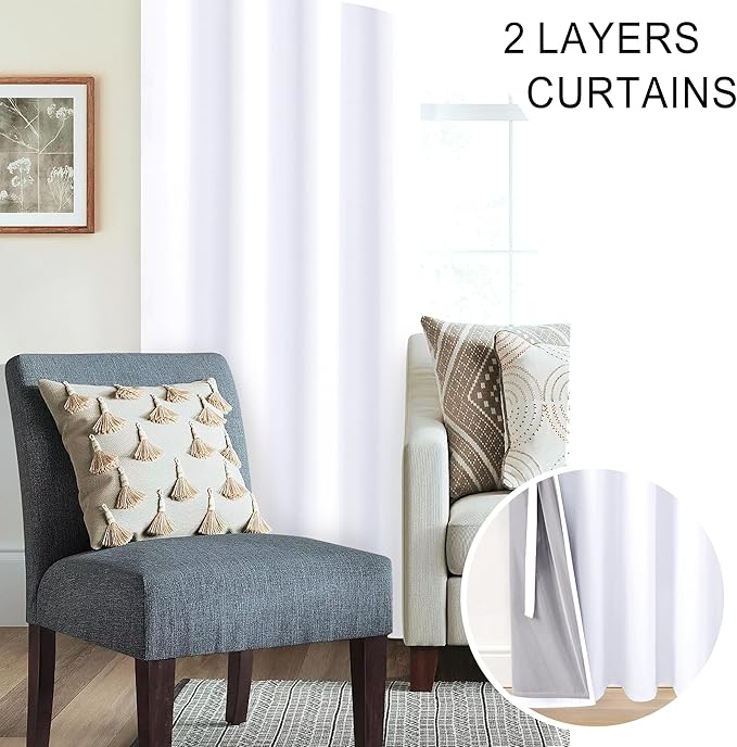 XWZO White 100% Blackout Curtains with Tiebacks- 2 Thick Layers Completely Shaded Window Treatment Thermal Insulated Drapes with Grommets for Bedroom/Laundry, White, W42 x L45, Set of 2 Panels