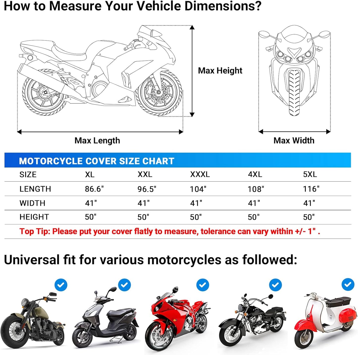 Favoto Motorcycle Cover Waterproof All Weather Universal Fits up to 108 inches Motorcycles with 3 Night Reflectors Lock-Hole Carrying Bag, Windproof Dustproof Sun Outdoor Protection