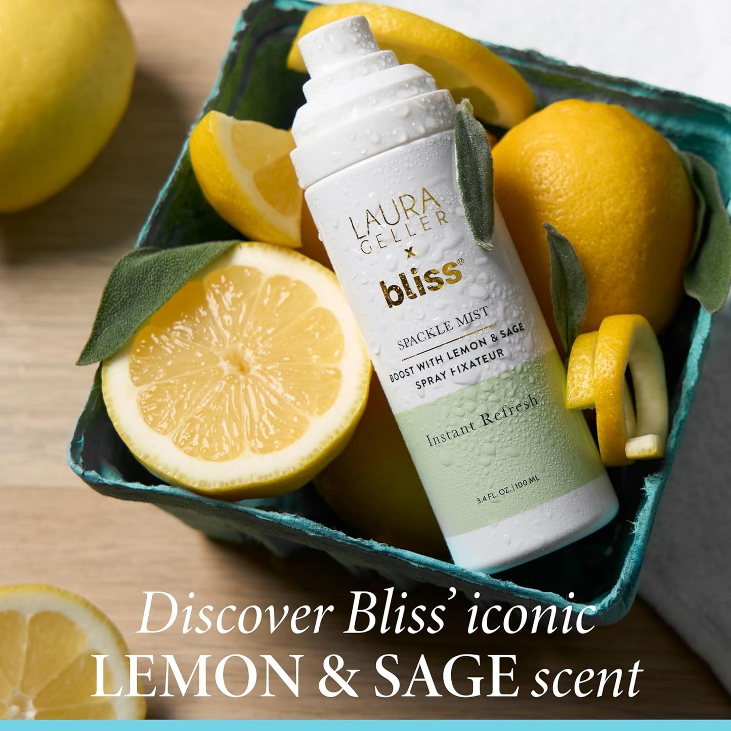 LAURA GELLER NEW YORK x Bliss Spackle Mist Boost with Lemon & Sage - Long-Lasting Dewy Skin Makeup Setting Spray - Brighten and Soothe Dull Skin