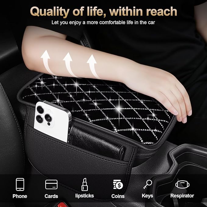 Bling Center Console Cover with 2 Side Pockets Fit for RAV4 Multi-Functional Car Armrest Cushion Diamond-Studded Rhombus Pattern Style(Black&Silver Diamond)