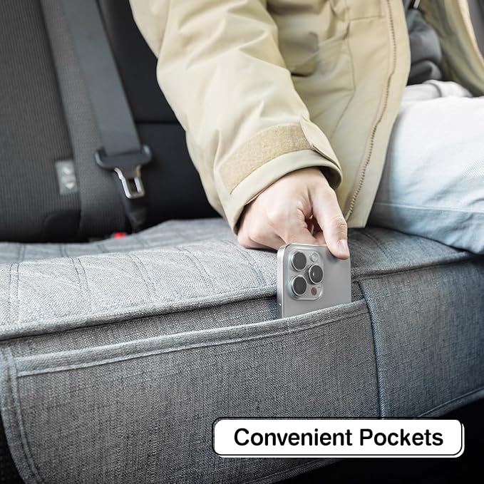 Universal Grey Anti-Slip Rear Car Seat Cover Size S - Faux Linen Bottom Bench Seat Cushion Fits Most of Vehicles Cars Truck SUV Van - Automotive Long Back Seats Protectors with Storage Pocket