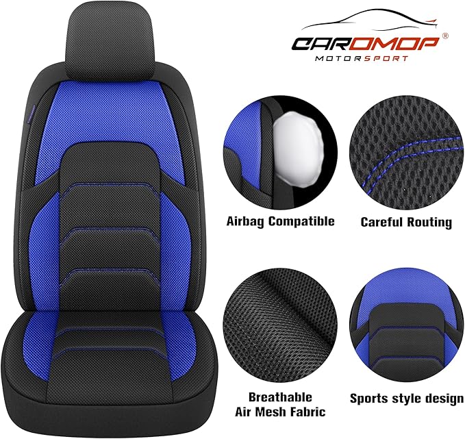 CAROMOP 3D Air Mesh Car Seat Covers 2 Front Seats,Breathable and Durable Seat Covers for Cars,Universal Fit for SUV,Vans,sedans, Trucks, Automotive Interior Covers(Black/Blue)