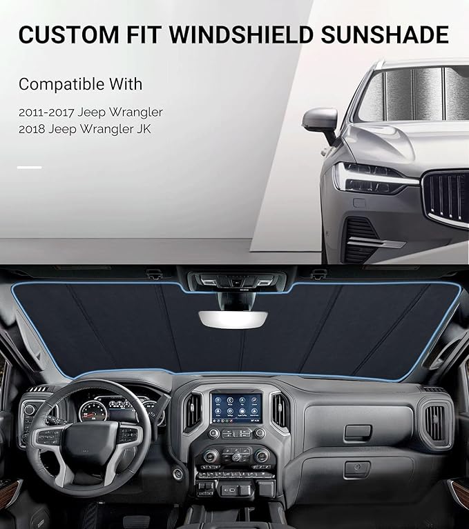 Windshield Sun Shade for Jeep Wrangler 2011-2017, Wrangler JK 2018 Window Sunshade - Metallic