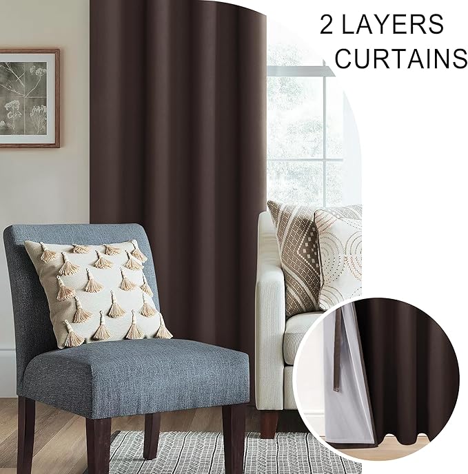 XWZO Complete Blackout Shades Window Curtain Panels with Tiebacks- Noise Reduction and Light Blocking Grommet Curtains with Black Liner for Studio, Living Room, Brown, W52 x L95, Set of 2 Panels