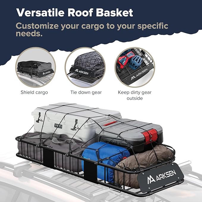 ARKSEN Skinny Roof Rack 64"x23"x6" Cargo Carrier with Waterproof Bag & Anti-Slip Mat, Heavy Duty Weather Resistant Top Mount Cargo Basket, Luggage Camping Gear Storage for Car, Truck or SUV Transport