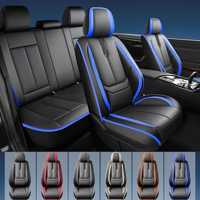 Fit Ridgeline Car Seat Covers for Honda Ridgeline 2007-2025 2026-Upgraded Premium Waterproof & Breathable Leather,Airbag Compatible,All-Weather Seat Cushion Protector,Full Set,Black-Blue