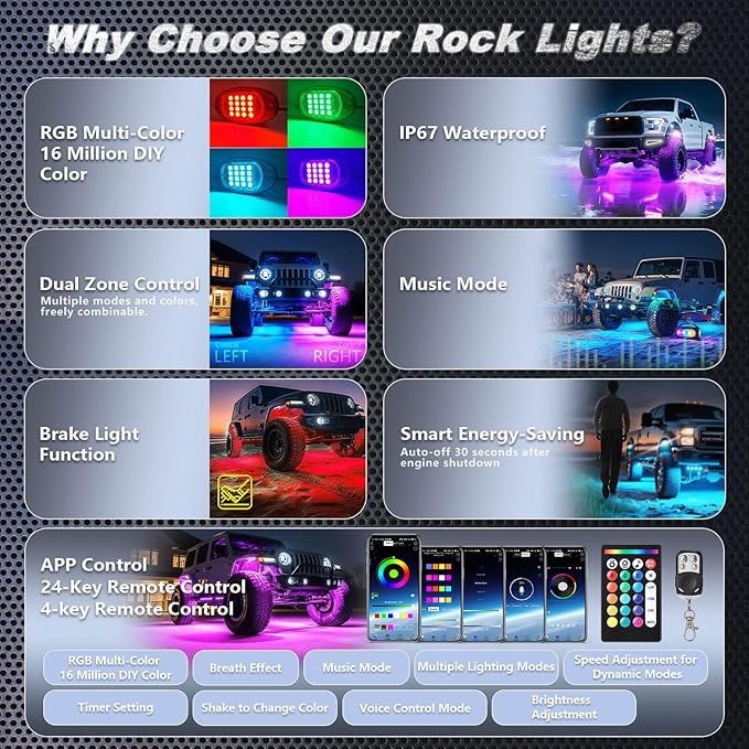 6Pods RGB LED Rock Lights for UTV SXS RZR Can-Am Four Wheeler Side by Side ATV Offroad Golf Cart, Multicolor Underglow Light Kit with APP/RF Remote Dual Zone Neon Vehicle Accent Light 12V Waterproof