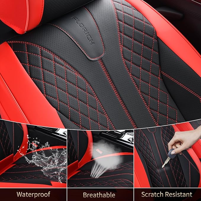 FLORICH Car Seat Covers Front Seats and Back Faux Leather Seat Cover Waterproof Seat Covers Car Seat Cushion 5 Seats Car Seat Protector Universal Fit for Most Cars SUV Trucks, Black&Red
