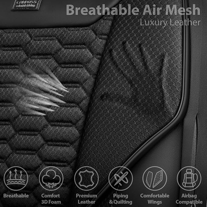 CAR PASS 3D Foam Mesh Leather Car Seat Covers Full Set,Breathable Mesh Faux Leather Seat Covers for Car,Universal Fit for SUV Truck Sedan Automotive, Armrest Airbag Compatible,Black