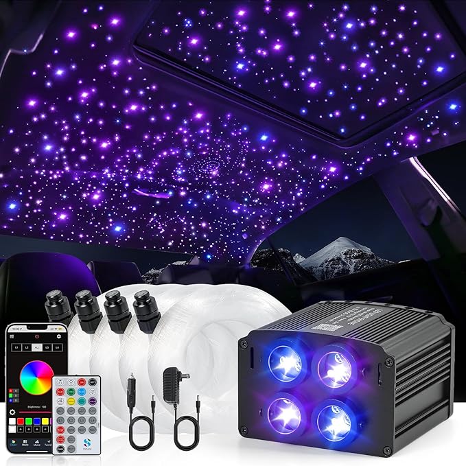 4 Colors 32W Twinkle Starlight Headliner Kit for Car Home with APP&RF Remote,RGBW 900pcs*0.03in*13.1ft Cables Fiber Optic Star Sky Roof Lights,4 Port Engine Sound Activated Car Ceiling Star Lights