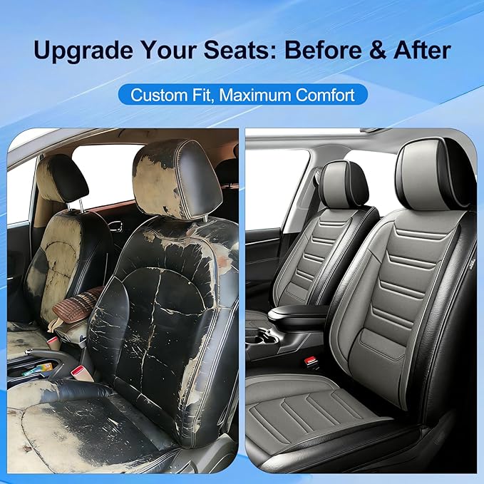 Fit Ridgeline Car Seat Covers for Select Honda Ridgeline 2007-2026 - Premium Full Coverage Leather, Airbag Compatible, Waterproof & All Weather Seat Cushion Protector, Front Pair Black+Gray
