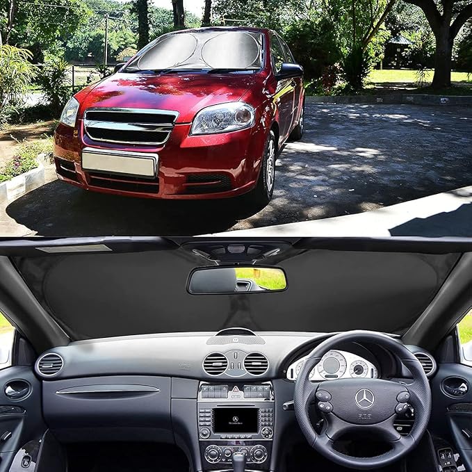 Foldable Windshield Sun Shade, Bonus Steering Wheel Sun Shield to Block UV Rays Keep Your Vehicle Cooler, Easy to Use Car Interior Accessories (X-Large)