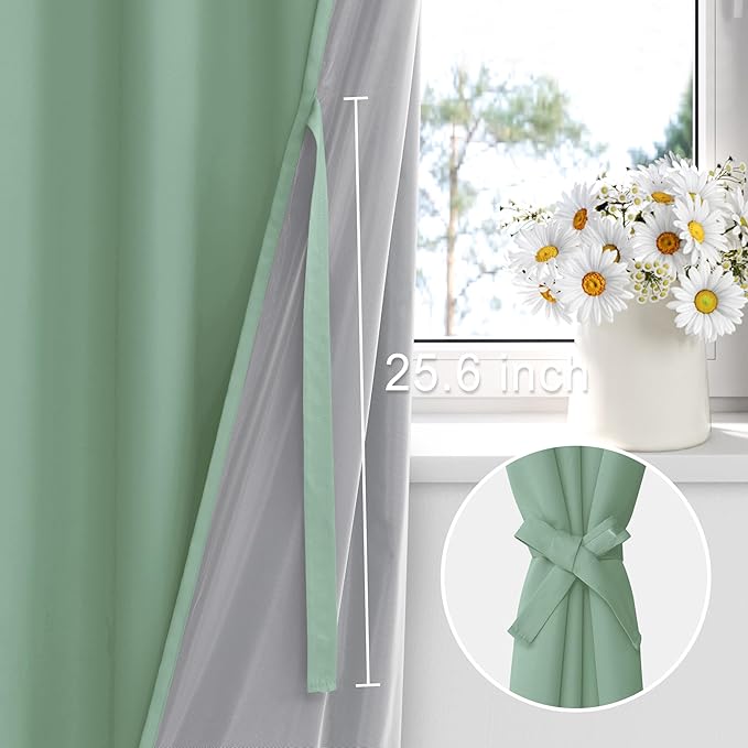 XWZO Full Blackout Curtains - Thermal Insulated Black Liner Curtains, Noise Reducing and Heat Blocking Drapes for Hall and Studio Large Windows with Tiebacks, Light Sage, W70 x L63, Set of 2