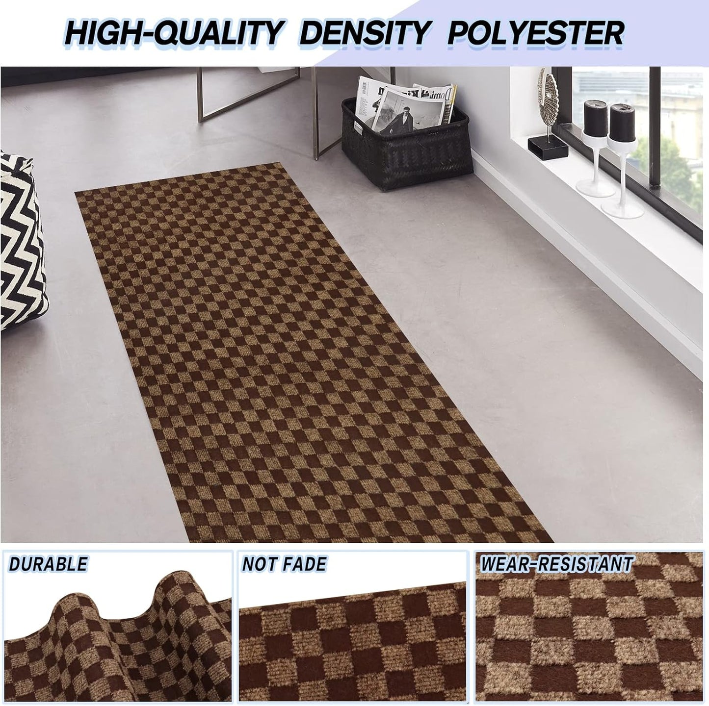 Custom Size Backed Non-Slip Area Rugs Runner, Easy Clean, Waterproof Runner Rugs for Hallway Entryway, Kitchen, Laundry, 3FT x 39FT, Brown Checkered