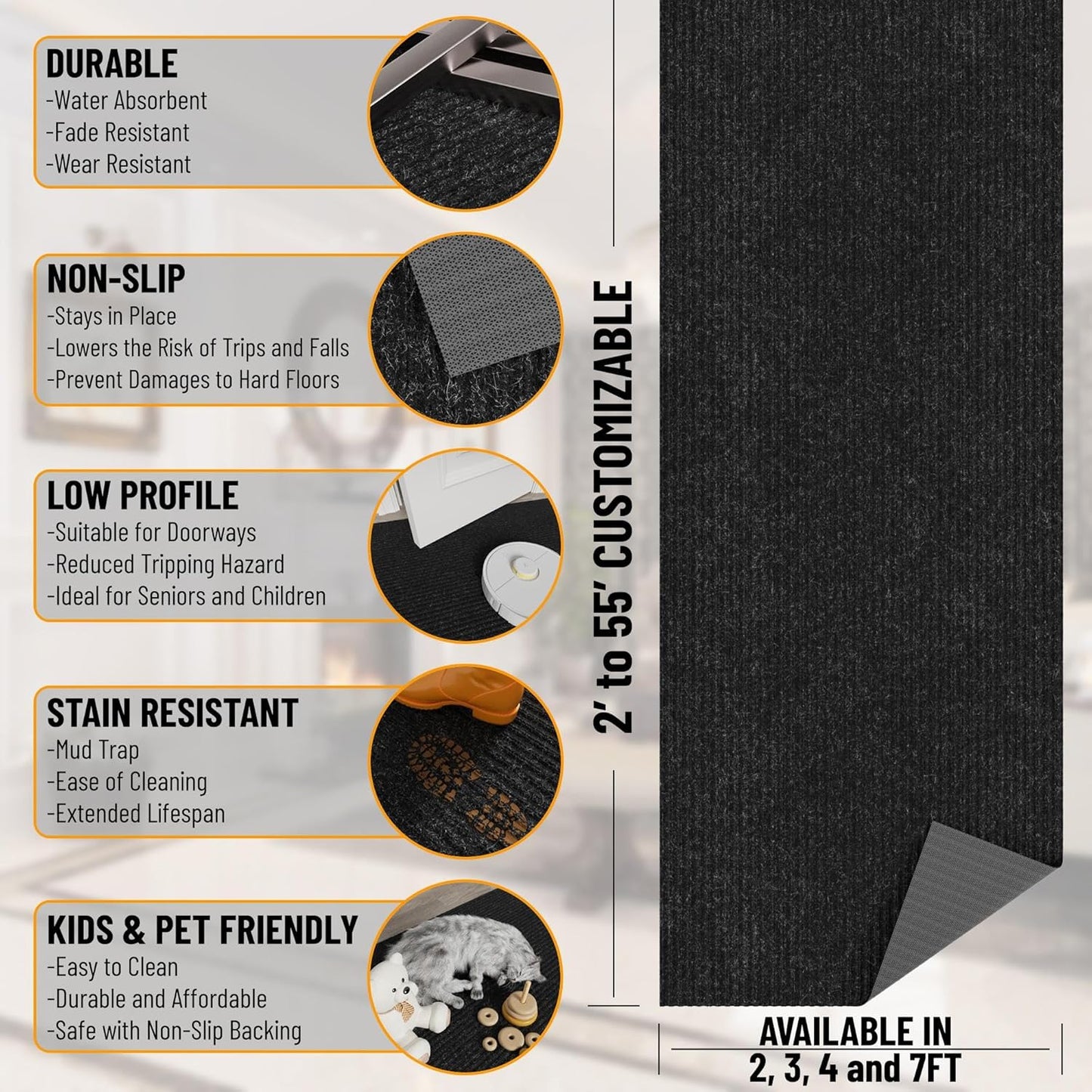 Ottomanson 2' x 12' Hallway Runner with Scraper Pile Extra Durable Non-Slip Rug Mat for Indoor & Outdoor Use - Ideal for Kitchen, Entryway, Patio & Garage - High-Traffic Carpet, Black