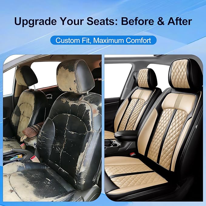 Fit Trax Car Seat Covers for Chevrolet/Chevy Trax 2015-2026, Premium Full Coverage Leather, Waterproof All Weather Seat Protector, Airbag Compatible, Scratch Resistant, Front Pair Black+Beige