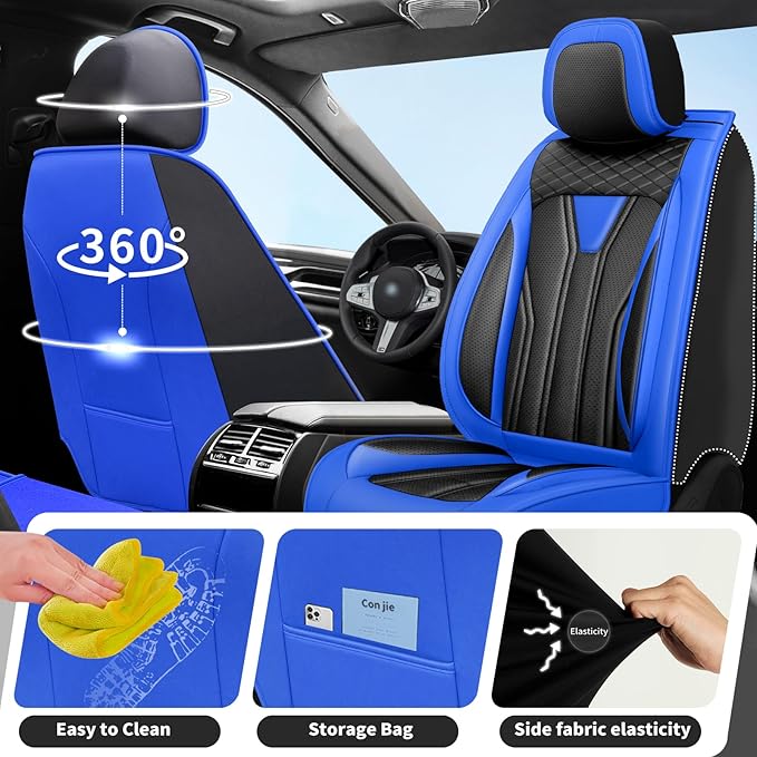 Fit Sentra Car Seat Covers Compatible with Nissan Sentra 2001-2025 2026 - Premium Leather， Waterproof Breathable， All-Weather Seat Cushion Protecto&Airbag Compatible (2 Front Seat Blue&Black)