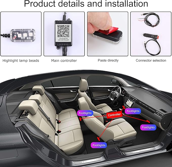 Car Ambient Lighting 64 Colors Multicoloured Music Footwell Lighting APP Control Car DIY Decorative Atmosphere Lighting Kit DC 12V 1W
