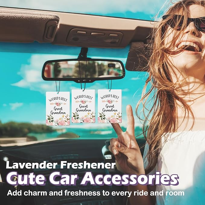 Great Grandma Gifts Car Air Freshener Accessories 3pcs, World's Best Gifts for Granmda Christmas, Pink Flower Rustic Hanging Scent Lavender Fragrance Card for Women Closet Bathroom Home Decor