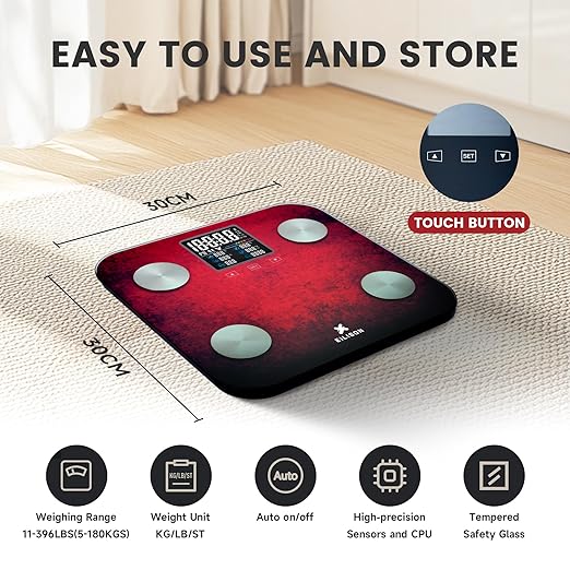 EILISON Digital Bathroom Scale with 4 Electrodes & BIA Technology High-Precision Smart Body Fat Analyzer,Large Color Night Vision Touchscreen,Bluetooth App Sync for 19 Metrics,396LBS Capacity (Red)