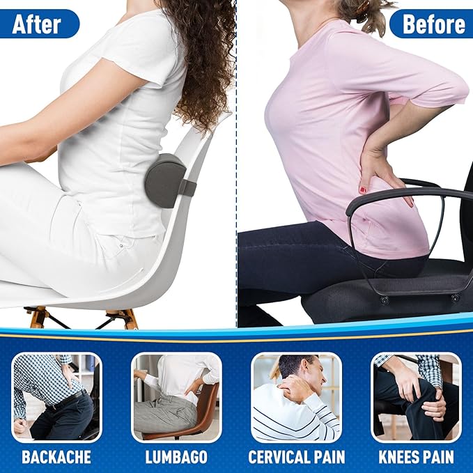 Lumbar Roll Support Pillow for Office Chair, Car, Gaming Chair, Memory Foam Back Cushion with Washable Cover for Relieving Back Pain & Improving Posture,Grey