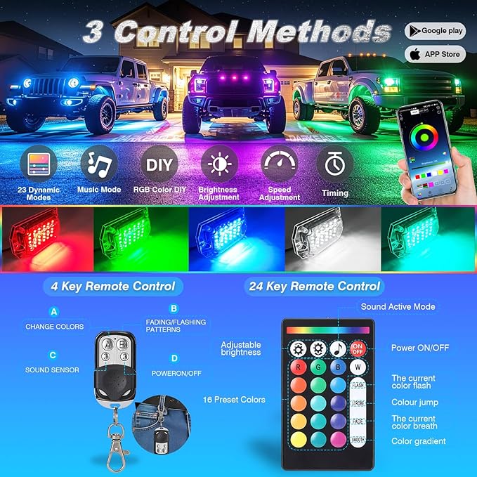 12Pods Full Angle RGB LED Rock Lights Kit for Trucks Pickup Jeep UTV ATV SXS Off-Road, 360Chip Waterproof Multicolor Underglow Light with APP/RF Remote, Pre Wired 12V Underbody Accent Light Dual Zone