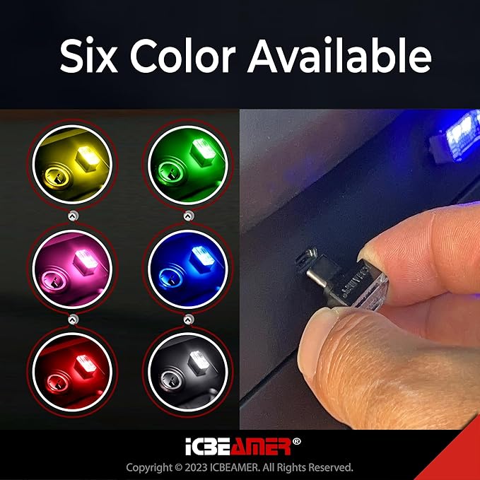ICBEAMER Type C Adapters Atmosphere Light 2-Pack (Red) | Universal Plug-in Miniature LED Night Light for Car Interior and Trunk Ambient Lighting