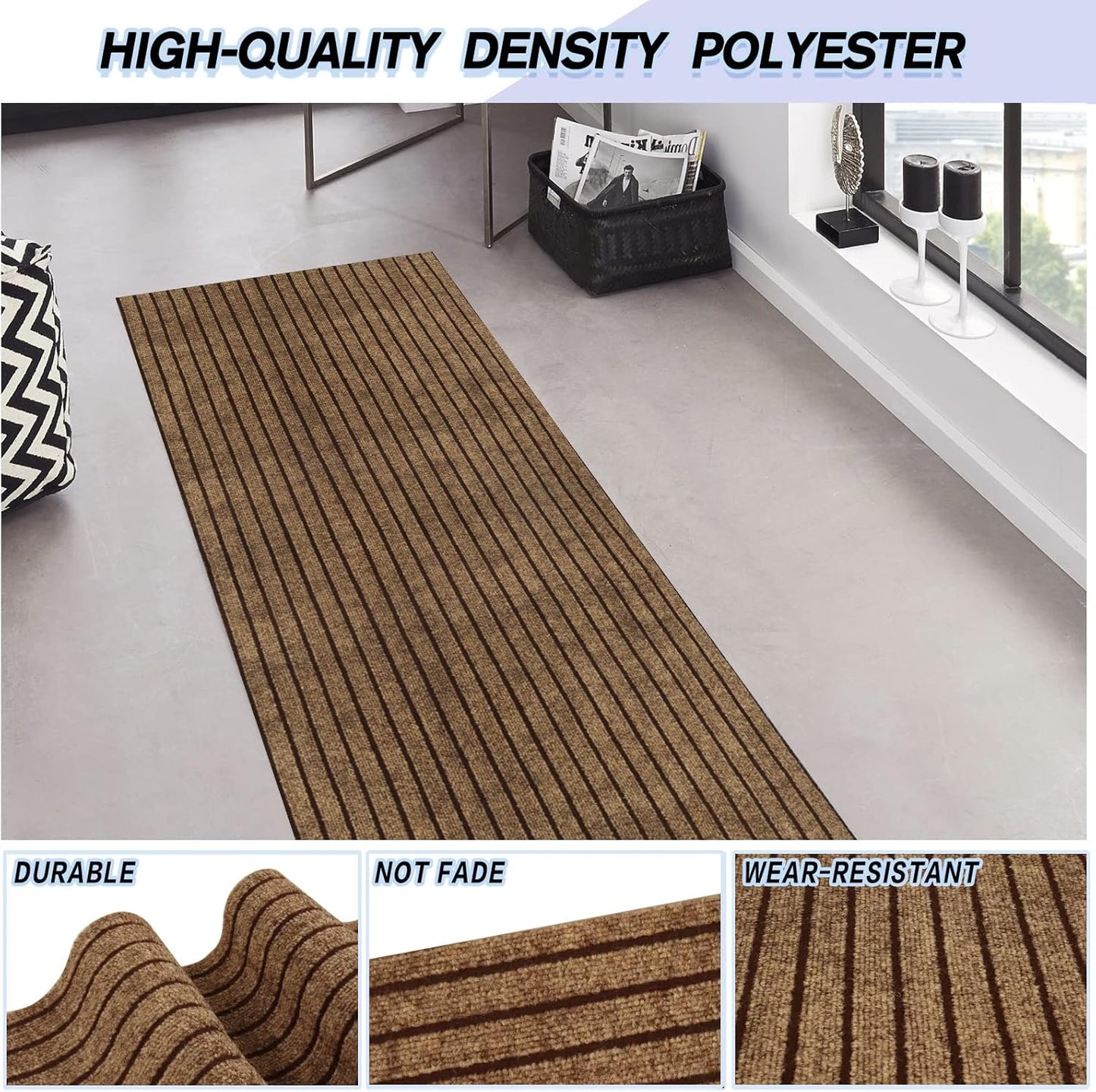 Custom Size Backed Non-Slip Area Rugs Runner, Easy Clean, Waterproof Runner Rugs for Hallway Entryway, Kitchen, Laundry, 2FT x 56FT, Brown Stripe