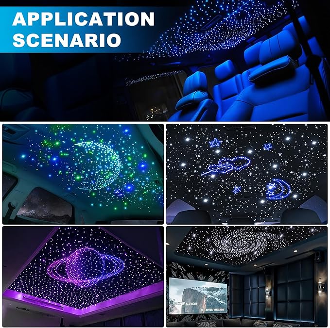 4 Colors 32W Twinkle Car Starlight Headliner Kit 1000pcs*0.03in*13.1ft with APP&RF Remote,RGBW Fiber Optic Strands Star Roof Lights,4 Port Engine Sound Activated Ceiling Star Lights for Home/Car Decor