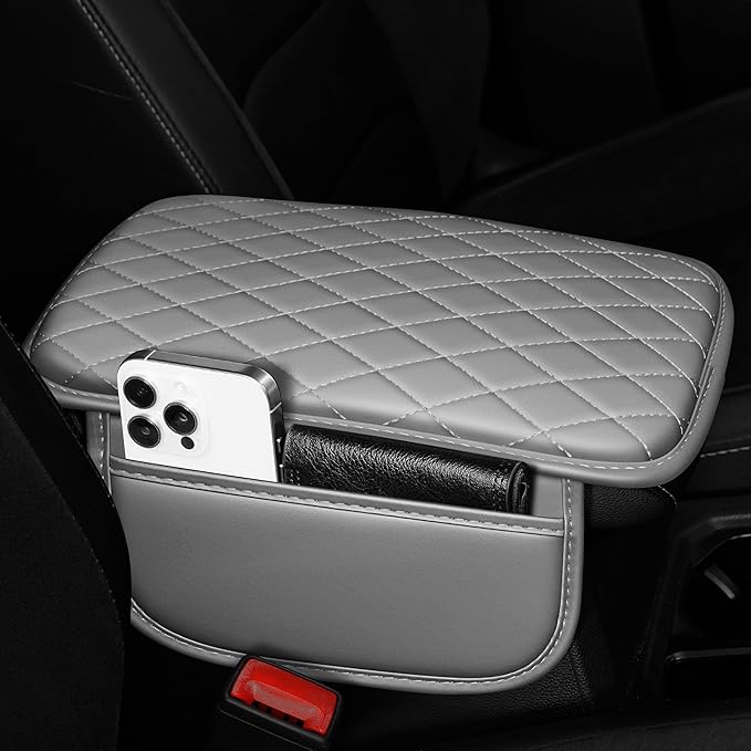 Center Console Cover for Cars Fit for Jeep Grand Cherokee Leather Armrest Covers with 2 Storage Bags(Grey)