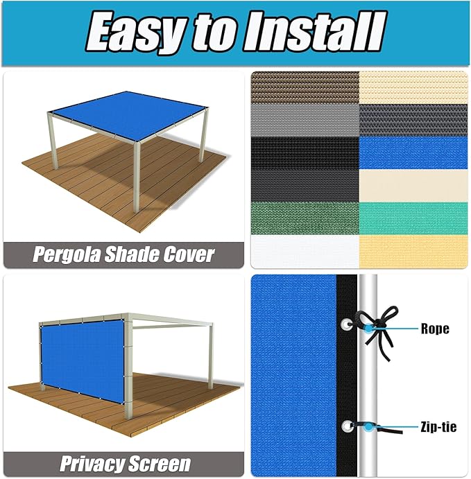 Amagenix 90% Pergola Shade Cover 9' X 10' Sun Shade Cloth with Grommets for Outdoor Garden Patio Porch, Commercial Grade 200 GSM - Cable Zip Ties Included (We Customized) GN108, Blue