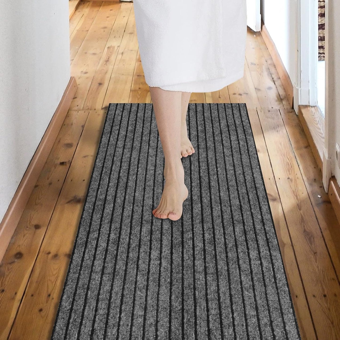 Custom Size Backed Non-Slip Area Rugs Runner, Easy Clean, Waterproof Runner Rugs for Hallway Entryway, Kitchen, Laundry, 4FT x 56FT, Gray Stripe