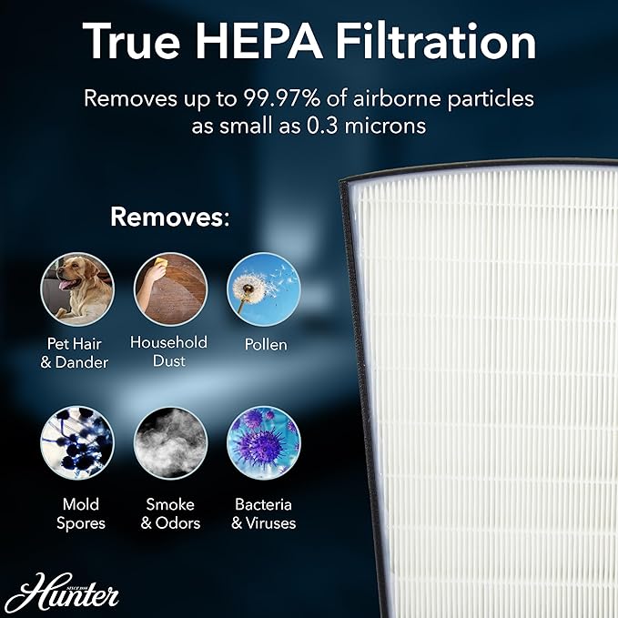 Hunter HP800 Air Purifiers for Home Large Room and Bedroom. True HEPA Air Purifier for Pets, Odors, Allergens, Smoke, Dust, VOC's. Value Bundle w/Extra Filter. Cleans 2585 Ft² per hour. White