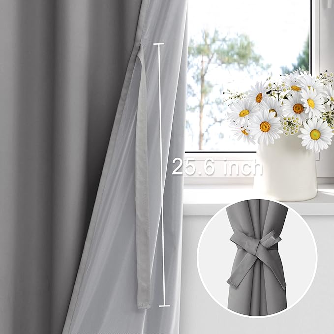XWZO 100% Blackout Curtains 84 Inches Long with Tiebacks- Privacy Protection & Noise Blocking Window Draperies Grommet Top with Black Liner for Bedroom/Living Room, Grey, W52 x L84, Set of 2