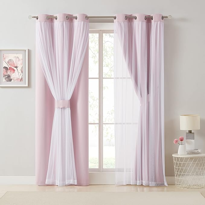Bujasso Pink Blackout Curtains with Sheer Overlay Mix and Match Double Layer 80% Room Darkening Window Treatment Set for Girls Bedroom Living Room Pink Drapes with Tiebacks Grommet Top 54" Wx90 Lx2