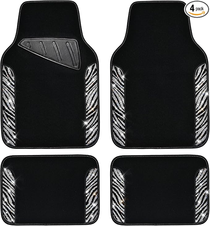 CAR PASS Bling Zebra Car Mats Rhinestones Diamond Waterproof Floor Mat Crystal Sparkly Shining Glitter Carpet Anti-Slip PVC Heel Pad, Universal Fit Automotive SUV,Sedan,4pcs Girly Women, Zebra Diamond
