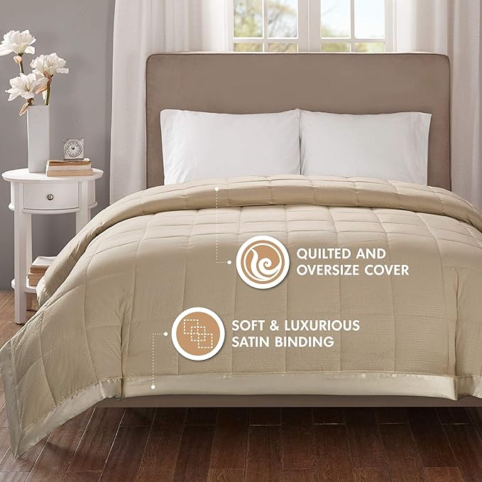 Madison Park Cambria Down Alternative Blanket, Premium 3M Scotchgard Moisture Wicking Treatment, Lightweight and Soft Bed Cover For Summer with Satin Trim, Oversized Twin Taupe