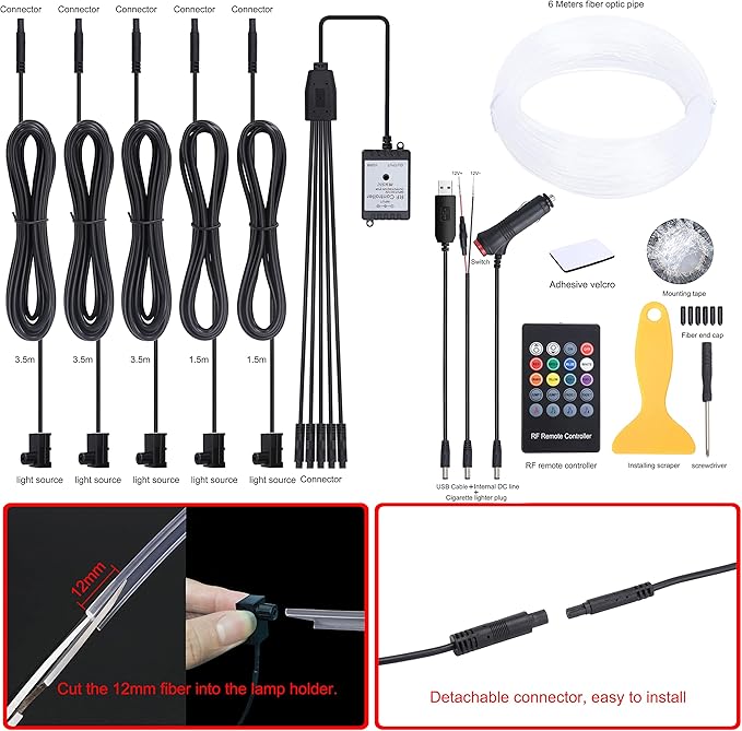 6 m Optic Fiber Car Ambient Lighting Kit RF Remote Control 8 Colors Multicoloured Music Interior Lighting Kit 12V 1W