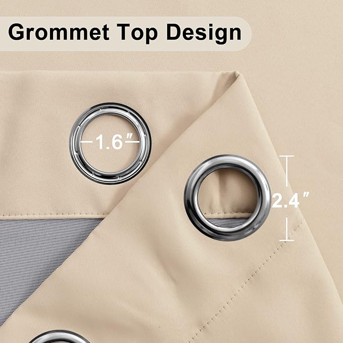 XWZO Full Shading Blackout Curtains 84 Inches Length with Tiebacks- Heat and Light Blocking Ring Top Window Drapes with Black Liner Backing for Bedroom/Kid's Room, Biscotti Beige, W70 x L84, Set of 2