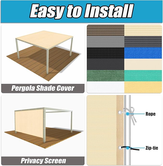 Amagenix 90% Pergola Shade Cover 6' X 11' Sun Shade Cloth with Grommets for Outdoor Garden Patio Porch, Commercial Grade 200 GSM - Cable Zip Ties Included (We Customized) GN108, Wheat