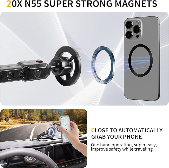 Magnetic Phone Mount Holder for 2024-2026 Jeep Wrangler JL 4XE Gladiator JT, for Magsafe iPhone 12-17 Series Accessories, 360° Adjustable, One-Hand, Off-Road Stable, No Darill Easy to Install