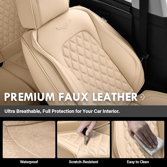 Coverado Front Car Seat Covers, Faux Leather Oil-Resistant Non-Slip Cushions, Universal Fit for Sedans, Pickups, SUVs, Waterproof Seat Covers, Car Seat Protectors – Beige