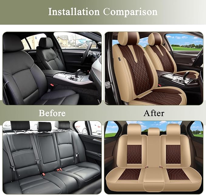 Breathable Car Seat Covers for Honda Accord 2017 2016 2015 2014 2013 2012 2011 2010 2009 2008 2007 2006 2005 2004 2003, Perforated Leather Full Set 5 Seats, for Honda Accord Accessories (Beige&Brown)