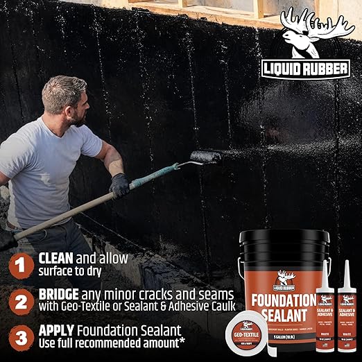 Liquid Rubber Basement and Foundation Repair Sealant - Waterproof Concrete Sealer & Crack Filler - Flexible Coating for Indoor & Outdoor Use - Waterproofing Paint - Black, 5 Gallon