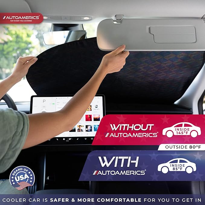 Autoamerics 2-Piece Windshield Sun Shade - Holographic Foldable Car Front Window Sunshade for Most Cars SUV Truck - Heat Blocker Visor Protector Blocks Max UV Rays and Keeps Your Vehicle Cool - Small