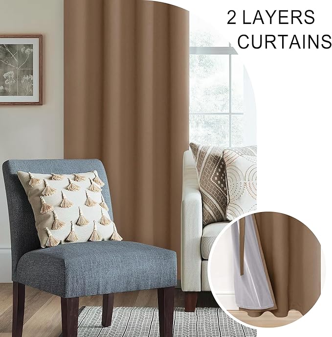 XWZO 100% Blackout Curtains with Tiebacks- 2 Thick Layers Completely Shaded Window Treatment Thermal Insulated Lined Drapes for Bedroom/Patio Door, Grommet, Cappuccino, W42 x L54, Set of 2 Panels