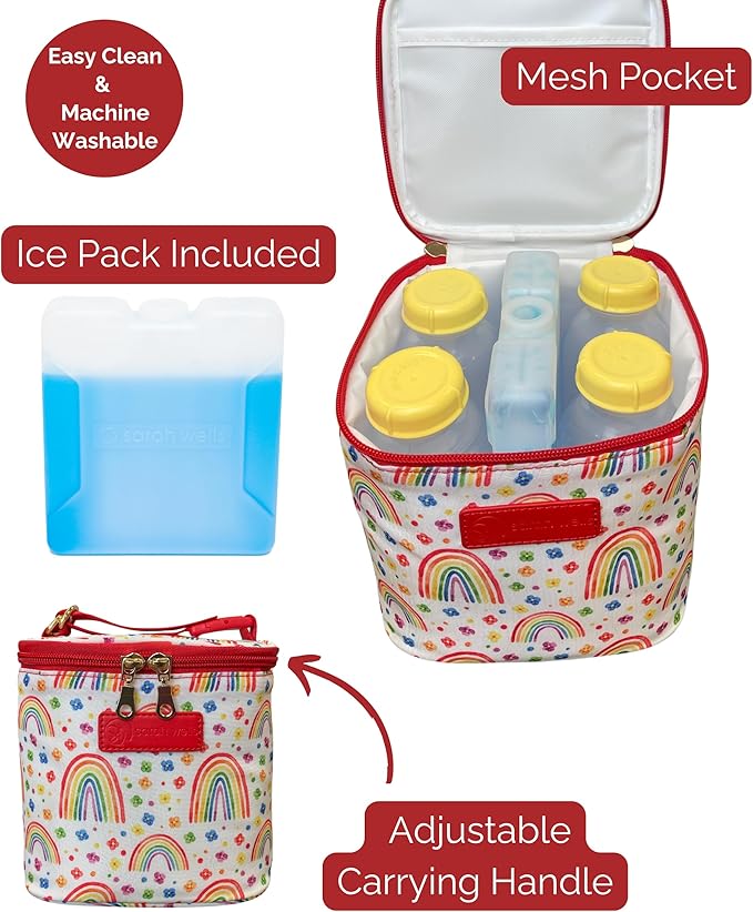 Sarah Wells Cold Gold Breastmilk Cooler Bag with Safety Tested Ice Pack - Insulated Milk Storage for Work, Travel & Daycare - Fits Bottles & Pump Parts - Machine Washable (Rainbows)