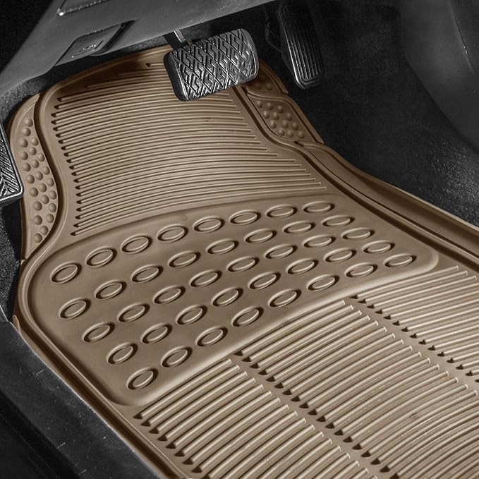 FH Group Trimmable Non-Slip Rubber Floor Mats 3 Row Set - Universal Fit for Cars Trucks and SUVs (Beige) F11305 + F16400