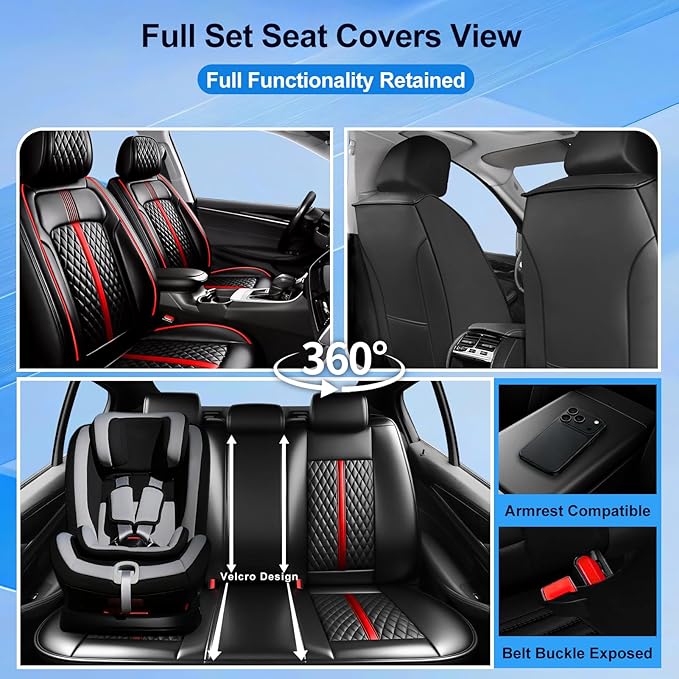 Fit CX-5 Car Seat Covers (Front Pair) for Select Mazda CX5 2013-2024 2025 2026 - Premium Full Coverage Leather, Airbag Compatible, Waterproof & All Weather Seat Protector, Black with Red Trim