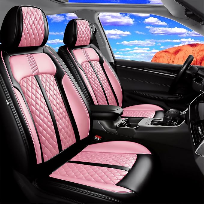 Fit Impala Car Seat Covers for Chevrolet/Chevy Impala 2000-2020, Premium Full Coverage Leather, Airbag Compatible, Waterproof All Weather Breathable Seat Protector, Front Pair Black+Pink